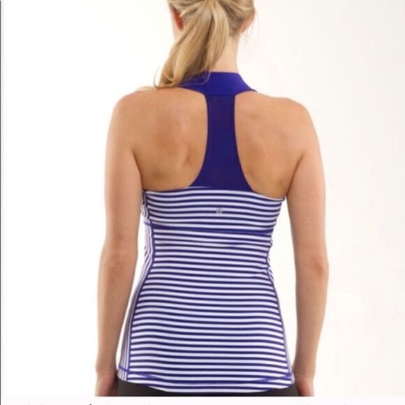 LULULEMON SCOOP NECK STRIPE RACER‎ BACK ATHLETIC WORKOUT TANK TOP BLUE WHITE 10 - Picture 1 of 14